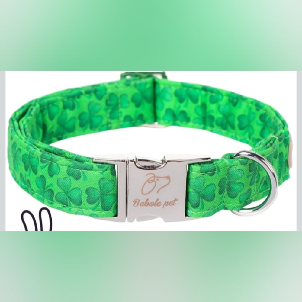 NEW Green Lucky Shamrock Clover Dog Collar M L XL Adjustable Metal Cotton Pet